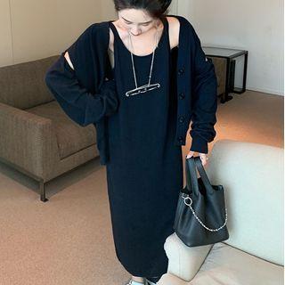 Plain Cutout Cardigan / Midi Shift Tank Dress