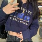 Bear Print Cropped Hoodie Navy Blue - One Size