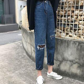 Long-sleeve Distressed Cropped Jeans