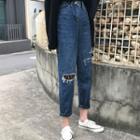 Long-sleeve Distressed Cropped Jeans