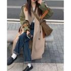 Color Block Double-breasted Trench Coat Khaki & Green - One Size
