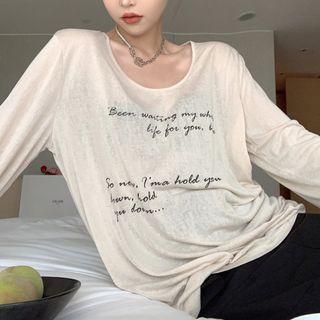 Long-sleeve Lettering T-shirt Milk Tea - One Size