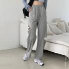 High Waist Plain Ripped Pants