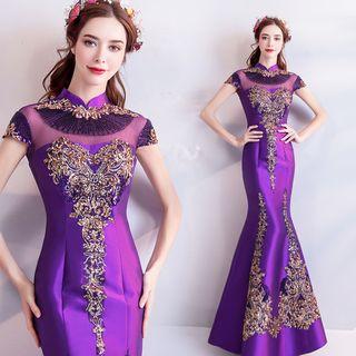 Embroidered Short-sleeve Mermaid Evening Gown
