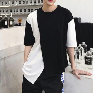 Elbow-sleeve Two-tone Asymmetric T-shirt
