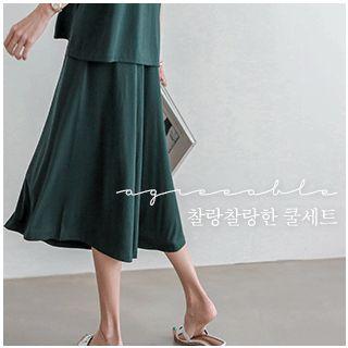 Set: Round-neck Slit-side Top + Band-waist Wide-leg Pants