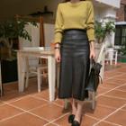 Slit-front Faux-leather Long Skirt