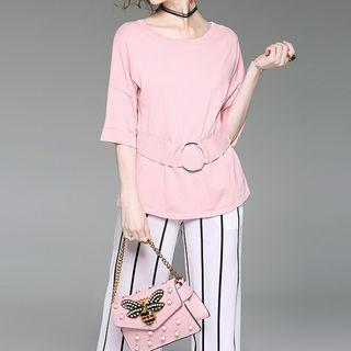 Hoop Detail Elbow Sleeve Knit T-shirt