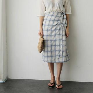 Wrap-front Checked Long Skirt