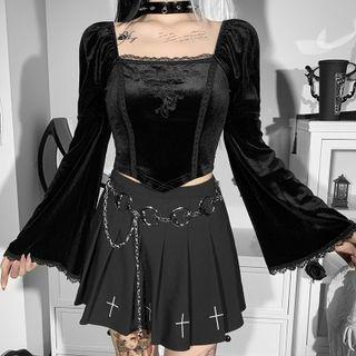 Long-sleeve Square-neck Lace Trim Velvet Crop Top