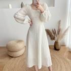 Puff Sleeve Square Neck Embroidered A-line Dress