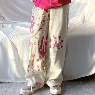 Cartoon Print Wide Leg Pants Off White - One Size