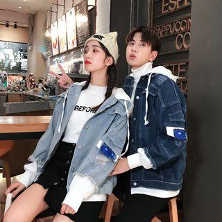 Couple Matching Hooded Ripped Denim Jacket