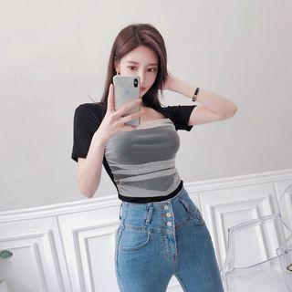 Square-neck Mesh-overlay Top