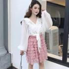 Lace Long-sleeve Chiffon Top / A-line Skirt