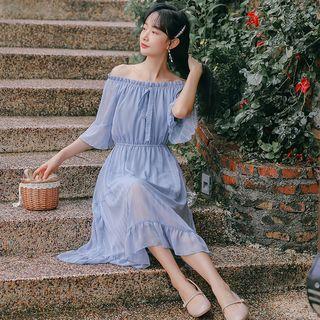 Ruffle Trim Off-shoulder Chiffon Dress
