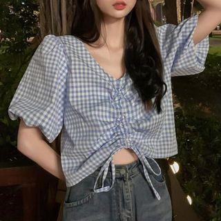 Puff-sleeve Drawstring Gingham Blouse