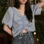 Puff-sleeve Drawstring Gingham Blouse