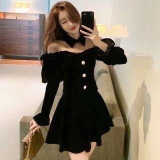 Set: Mesh Panel Velvet Blouse + Mini A-line Skirt