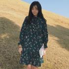 3/4-sleeve Floral Print Frill-trim Dress