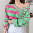 Asymmetric Striped Sweater Cyan - One Size