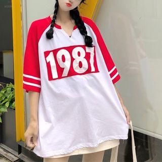 Number Raglan Split-neck Elbow-sleeve T-shirt