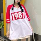 Number Raglan Split-neck Elbow-sleeve T-shirt