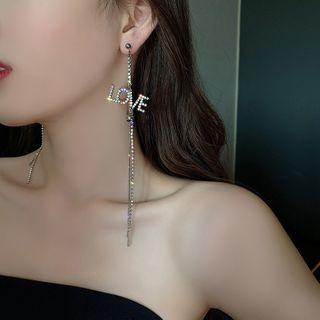 Non-matching Rhinestone Lettering Fringed Earring 1 Pair - Silver Needle - Earring - Asymmetric - One Size