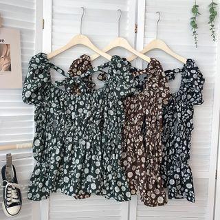 Square-neck Bubble Long-sleeve Chiffon Shirt