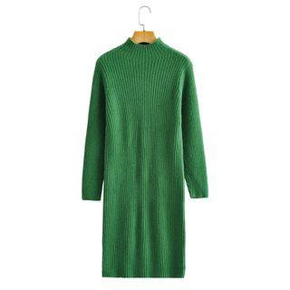 Mock-neck Ribbed Midi Sheath Sweater Dress Green - One Size