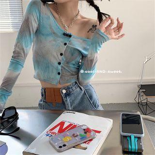 Tie-dyed Buttoned Long-sleeve Cropped Top As Shown In Figure - One Size