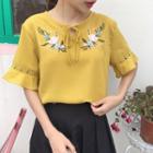 Flower Embroidered Elbow Sleeve Chiffon Top