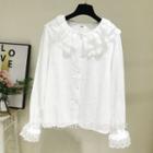 Long-sleeve Lace Trim Blouse White - One Size