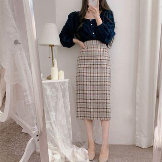 Lace Trim Square Neck Blouse / High Waist Plaid Pencil Skirt