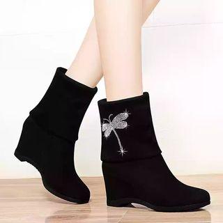 Dragonfly Applique Wedge-heel Mid-calf Boots