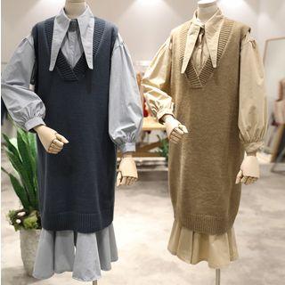 Set: Long Knit Vest + Long-sleeve Midi Shirt Dress