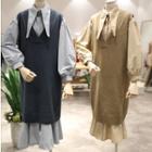 Set: Long Knit Vest + Long-sleeve Midi Shirt Dress