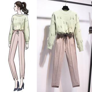 Fringed Trim Sweater / Drawstring Straight-cut Pants / Set