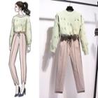 Fringed Trim Sweater / Drawstring Straight-cut Pants / Set