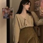 Cable Knit Cardigan / Pleated Mini A-line Corduroy Skirt