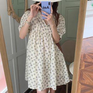 Puff-sleeve Tie-strap Floral Dress Almond - One Size