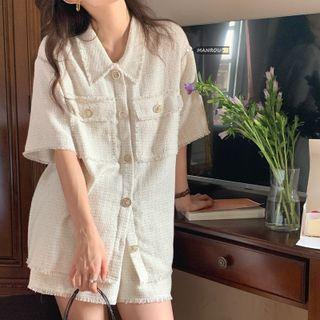 Set: Elbow-sleeve Button-up Top + Shorts Set Of 2 - Top & Shorts - Off-white - One Size