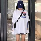Lettering Long-sleeve Mock Two-piece T-shirt White - One Size