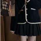 V-neck Contrast Trim Jacket / Pleated Mini A-line Skirt
