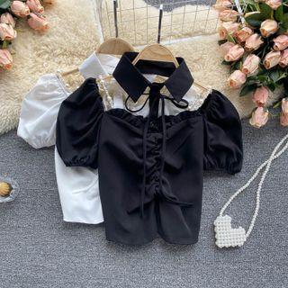 Halter Cutout Ruched Puff-sleeve Top