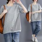 Short-sleeve Houndstooth T-shirt Gray - One Size