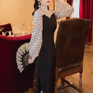 Long-sleeve Dotted Qipao Dress