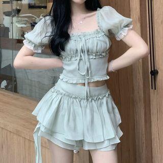 Set: Puff-sleeve Frill Trim Crop Top + Mini Skirt