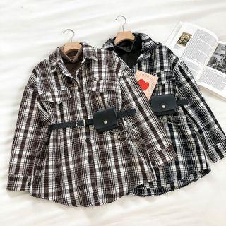 Color-block Plaid Long-sleeve Jacket / Plain Long-sleeve Top