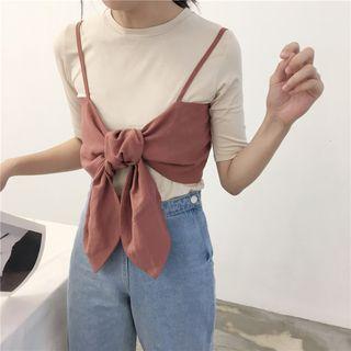Set: Short-sleeve T-shirt + Spaghetti Strap Knotted Top